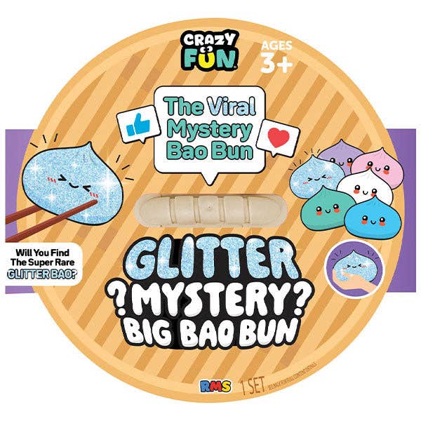 Glitter Mystery Big Bao Bun packaging with colorful labels and text on a white background