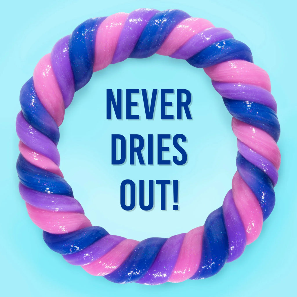 Crazy Aaron's InterGalactic Thinking Putty in its retail packaging, shown alongside a loose swirl of the purple and blue triple color-changing putty. The packaging features a space-themed design with stars and planets.