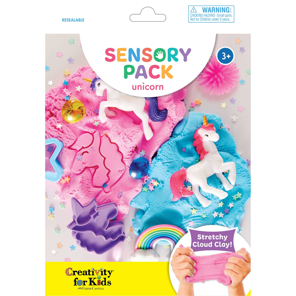 Unicorn-themed sensory on-the-go play set for kids, featuring a compact carrying case and colorful tactile accessories designed to encourage sensory exploration and imaginative play.