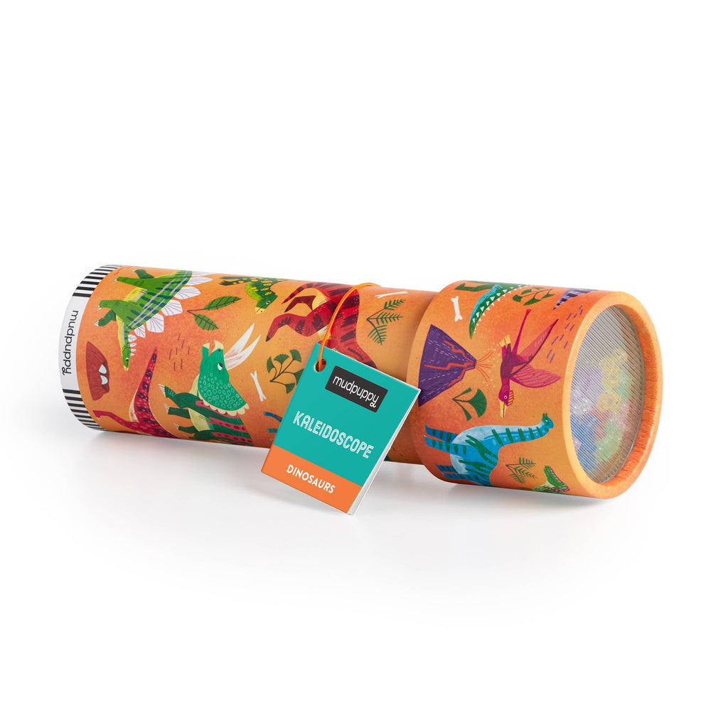 Colorful cylindrical toy with dinosaur illustrations on an orange background
