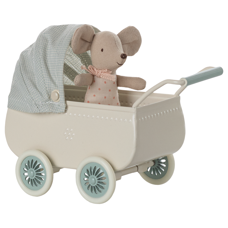 Maileg | Pram With Baby Mouse - Mint '25 (Ships Mid March)