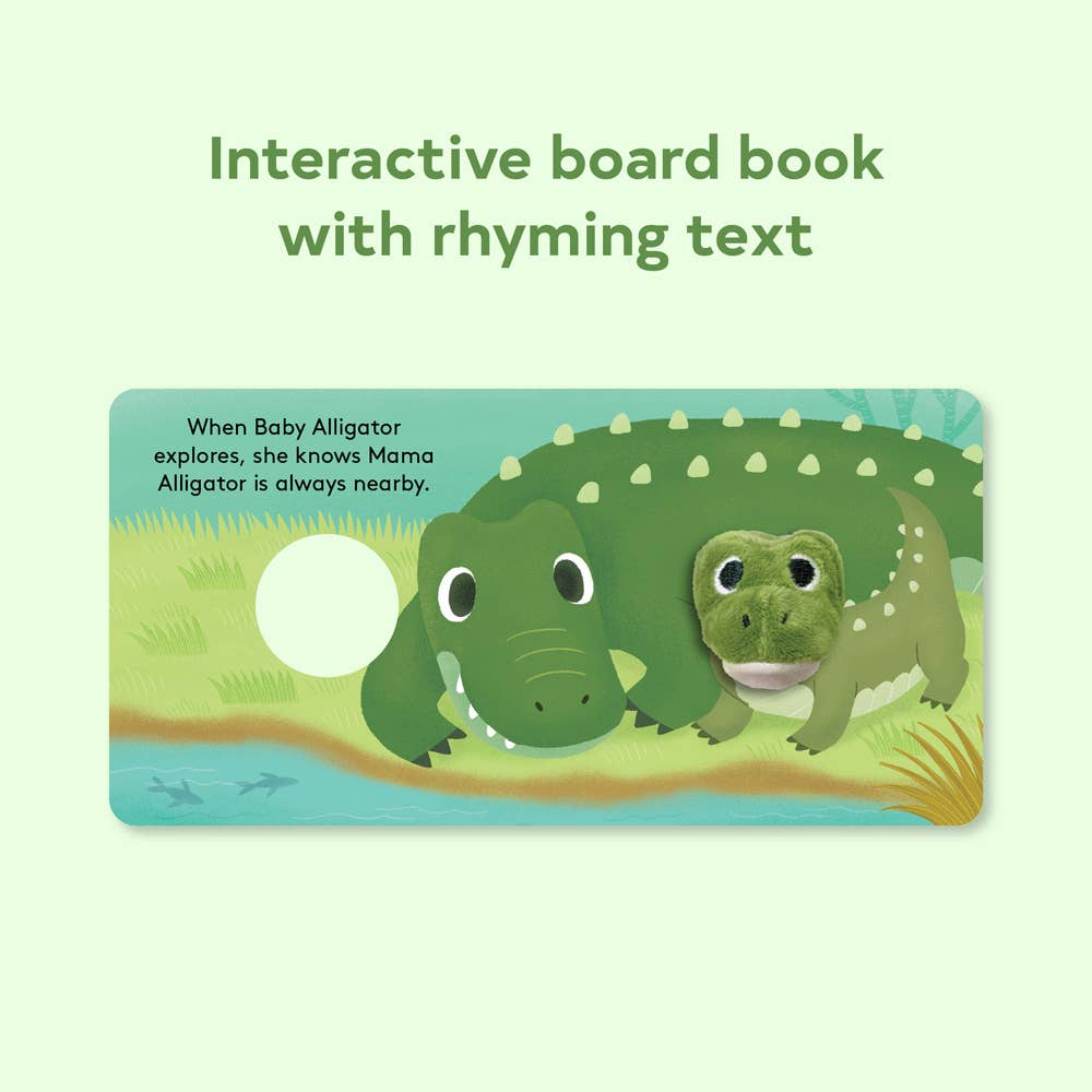 Book cover of 'Baby Alligator' finger puppet book with a green alligator puppet on a blue background.