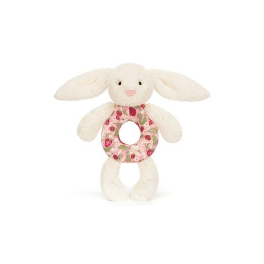 Jellycat Blossom Cream Bunny 'Berry' Ring Rattle with flower and berry designs.