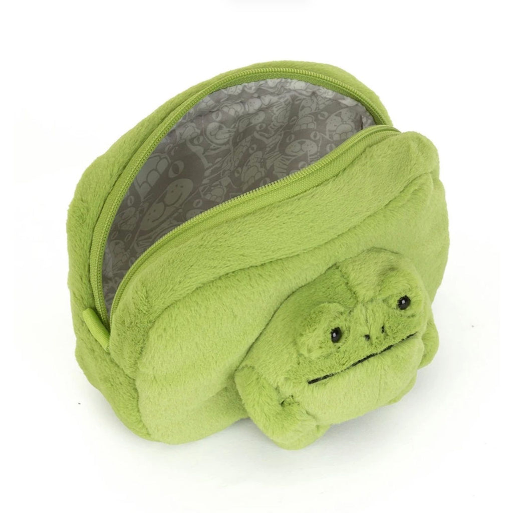 A light green plush cosmetic pouch featuring a 3D stitched frog character on the front, set against a plain white background.