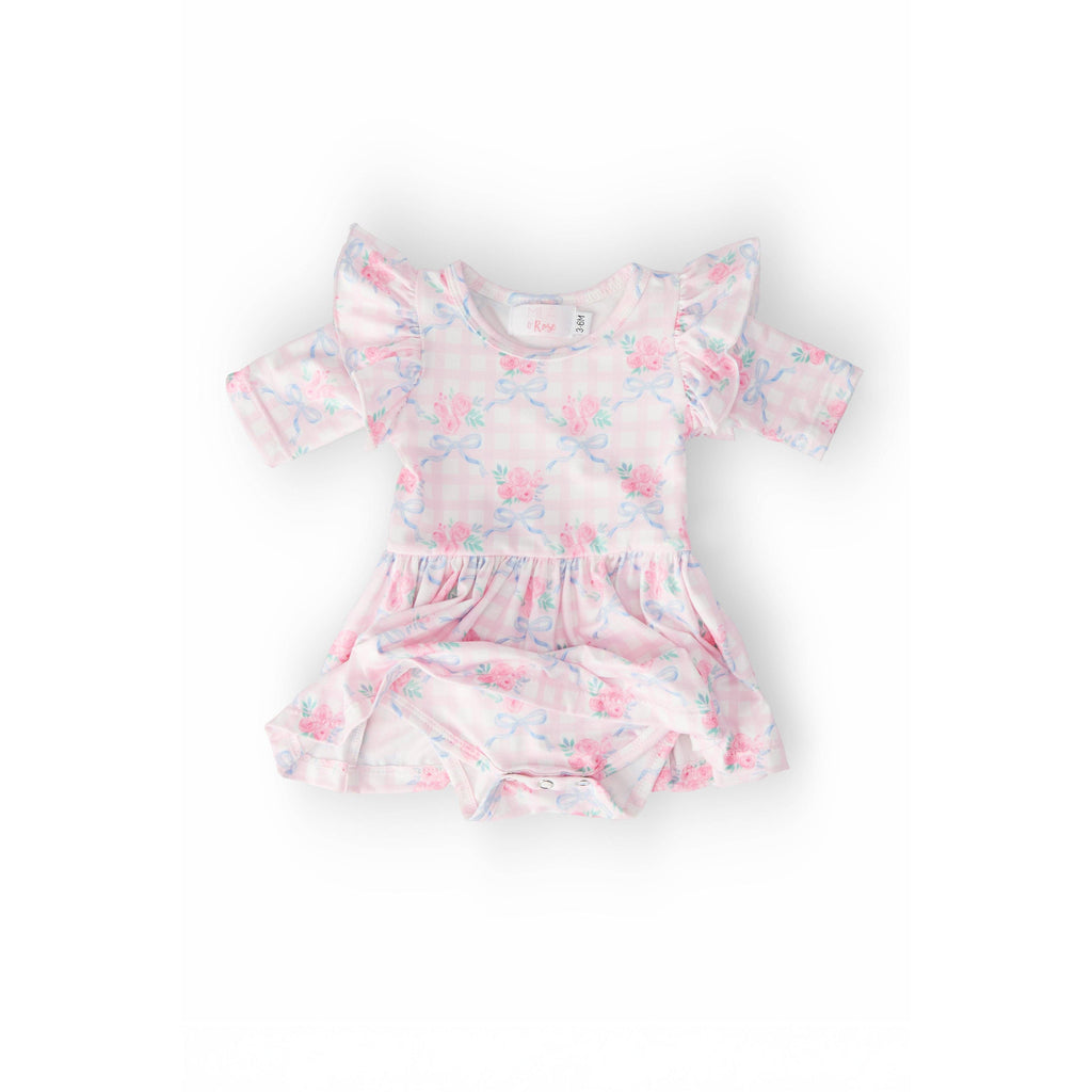 Floral dress with ruffled sleeves on a white background