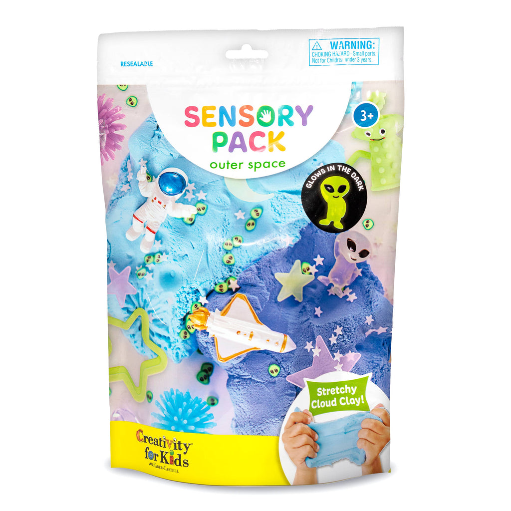 Sensory pack for kids with space-themed items and blue stretchy cloud clay.