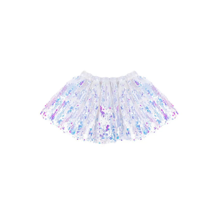 Sequins Concert Queen Skirt is a skirt with a white base and a mix of purple, blue, and pink sequins.