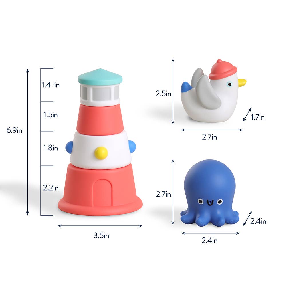 Stack of colorful stacking toys with a duck and octopus on a light background