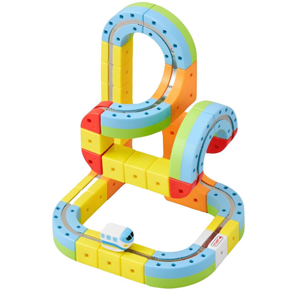 Magnetic monorail starter block set with packaging on a white background