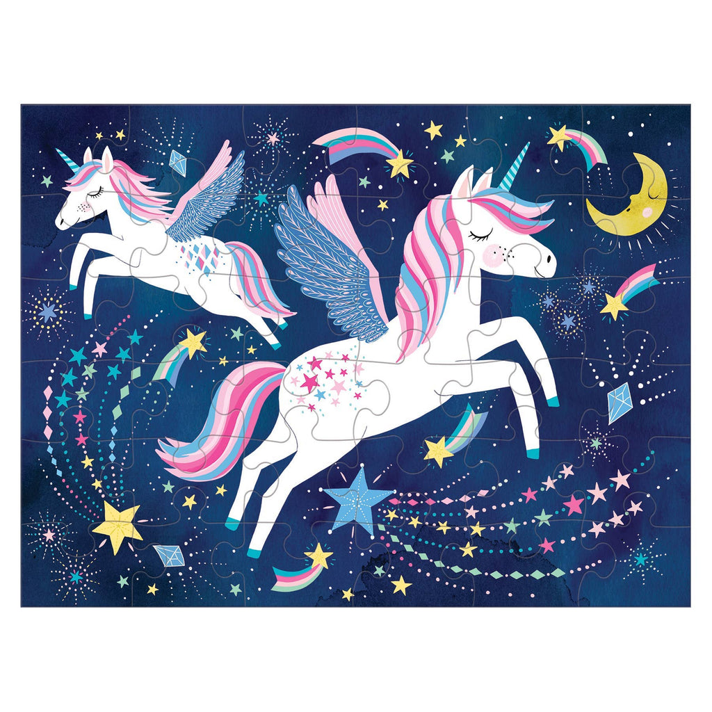Mudpuppy unicorn puzzle packaging with purple and blue design