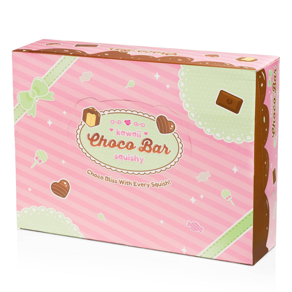 A retail display box filled with individually wrapped Choco Bar squishy chocolates. The packaging is predominantly pink and light green with cute chocolate illustrations and the text 'Choco Bar squishy' and 'Choco Bliss with Every Squishy!'.