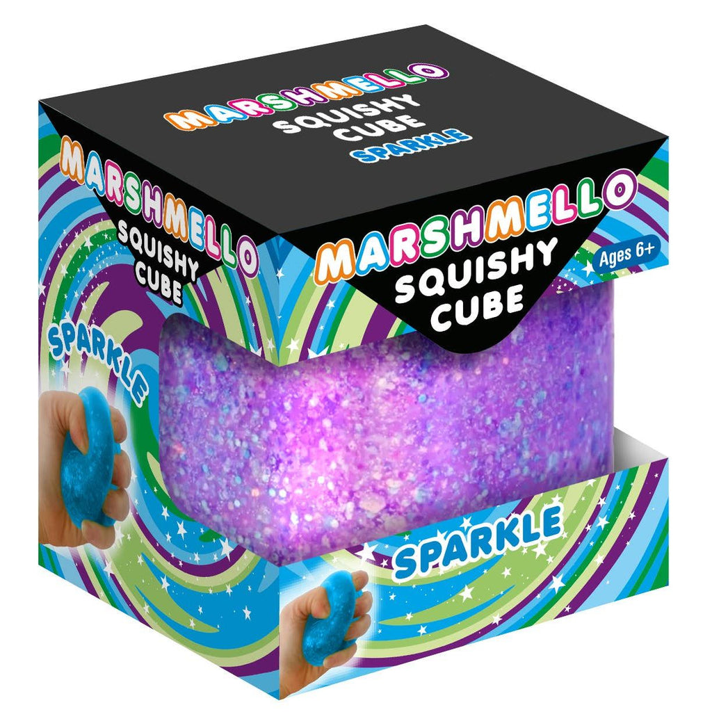 Four packages of Marshmello Sparkle Squishy Cube slime arranged in a 2x2 grid on a white background. The packages contain lime green, pink, light blue, and purple glittery cubes, each in its own colorful box with a black top window.