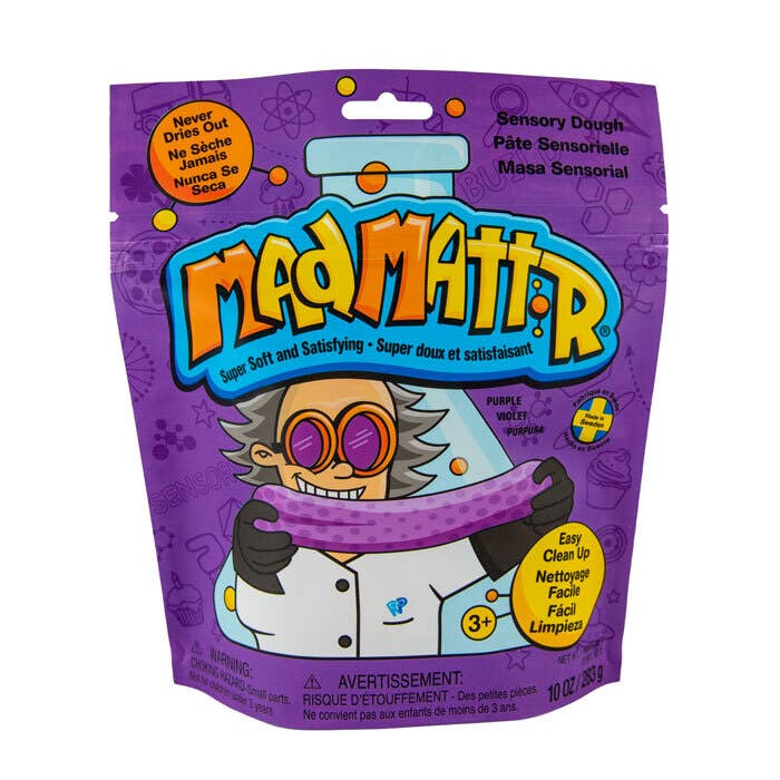 Purple sensory dough with 'Mad Mattr' packaging on a purple background