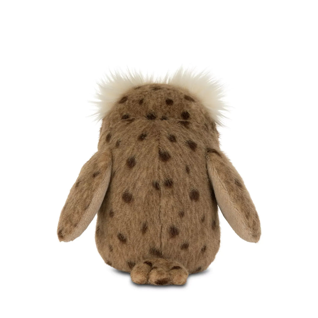 A brown plush owl toy with a fluffy white crest on its head, spotted brown wings, and tan feet, photographed on a clean white background.