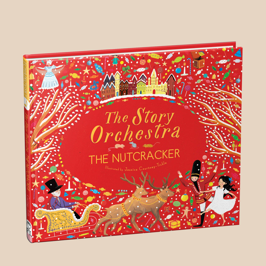 Book titled 'The Story Orchestra The Nutcracker' with colorful illustrations on a red background