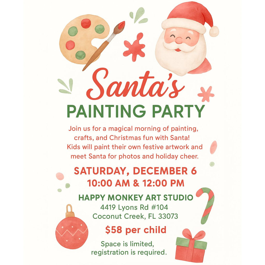 Invitation to Santa's Painting Party with festive graphics and text.