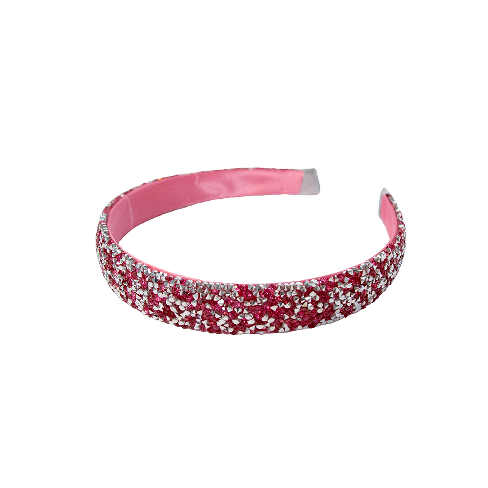 Two glittery headbands, one pink and one rose gold, on a white background.