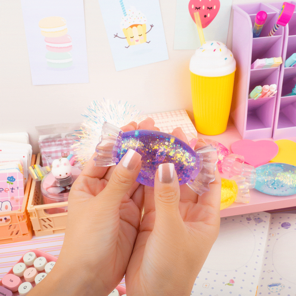 Colorful glittery candy squishy on a white background