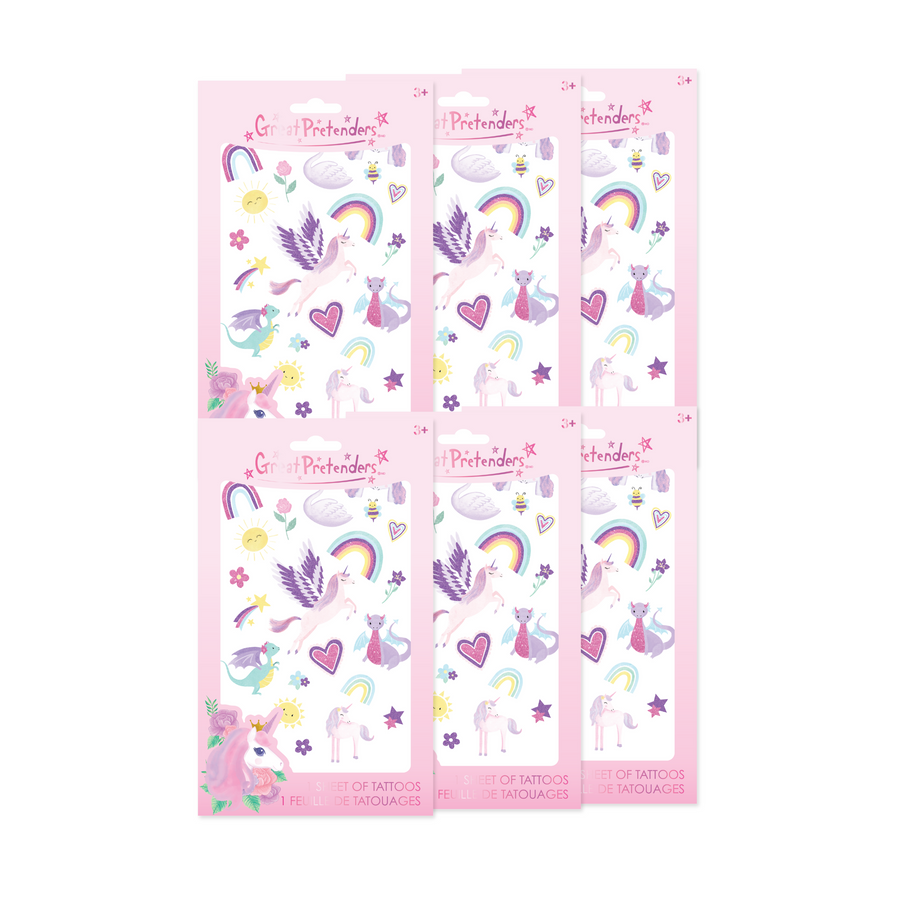 Packaging of Great Pretenders tattoos featuring unicorns, dragons, and rainbows on a pink background.