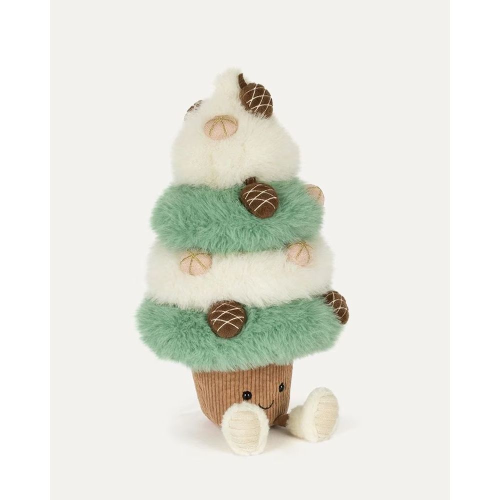 A plush toy shaped like a cupcake or acorn tree, with fluffy white and mint green layers, brown acorn decorations, and a corduroy brown base with small white feet and a smiling face, photographed on a clean white background.