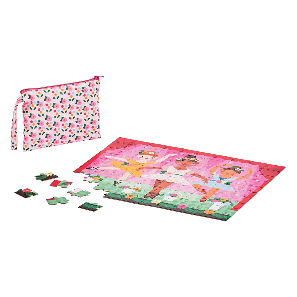 Two-sided on-the-go puzzle packaging for ballerinas with colorful design and illustrations.