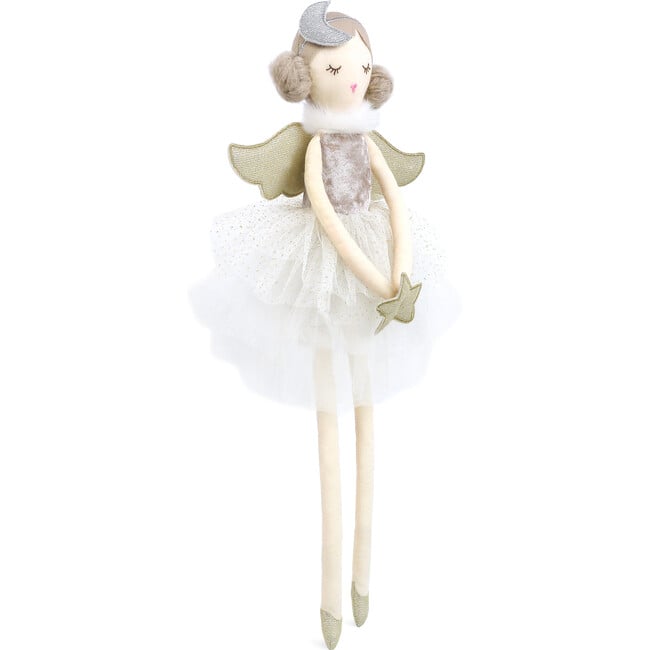 Serenity Angel Doll With a silver moon headband and gold wings and star 