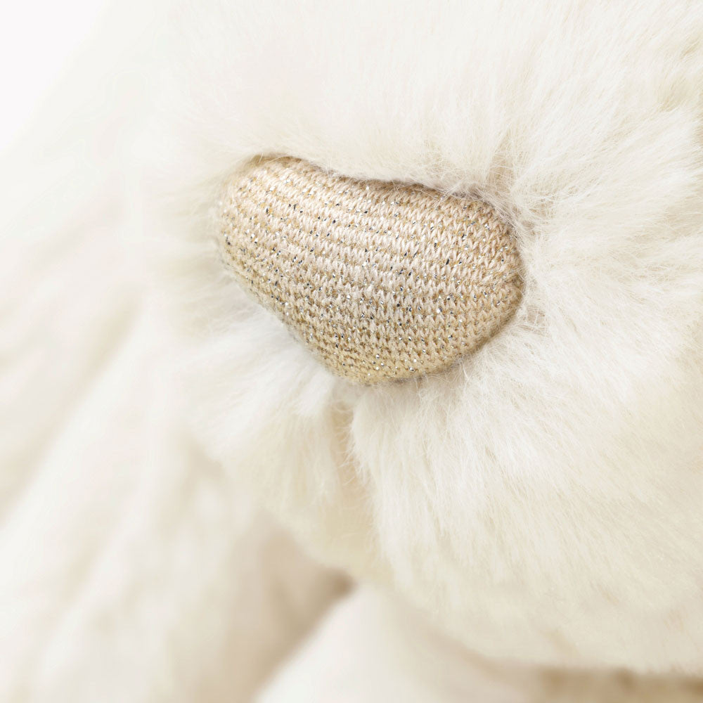 Jellycat Bashful Luxe Bunny Luna with white fur and gold nose