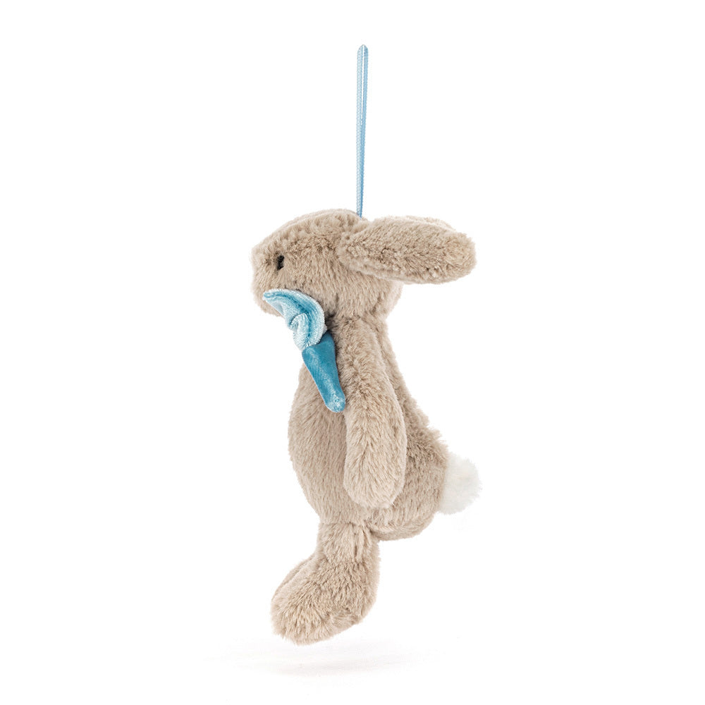Jellycat Bashful Beige Bunny Decoration with blue bow and ribbom