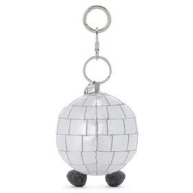 A silver disco ball keychain plush toy with a smiling face and gray legs, attached to a silver metal key ring and clasp, on a white background.
