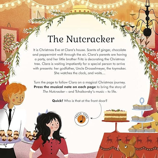 Book titled 'The Story Orchestra The Nutcracker' with colorful illustrations on a red background