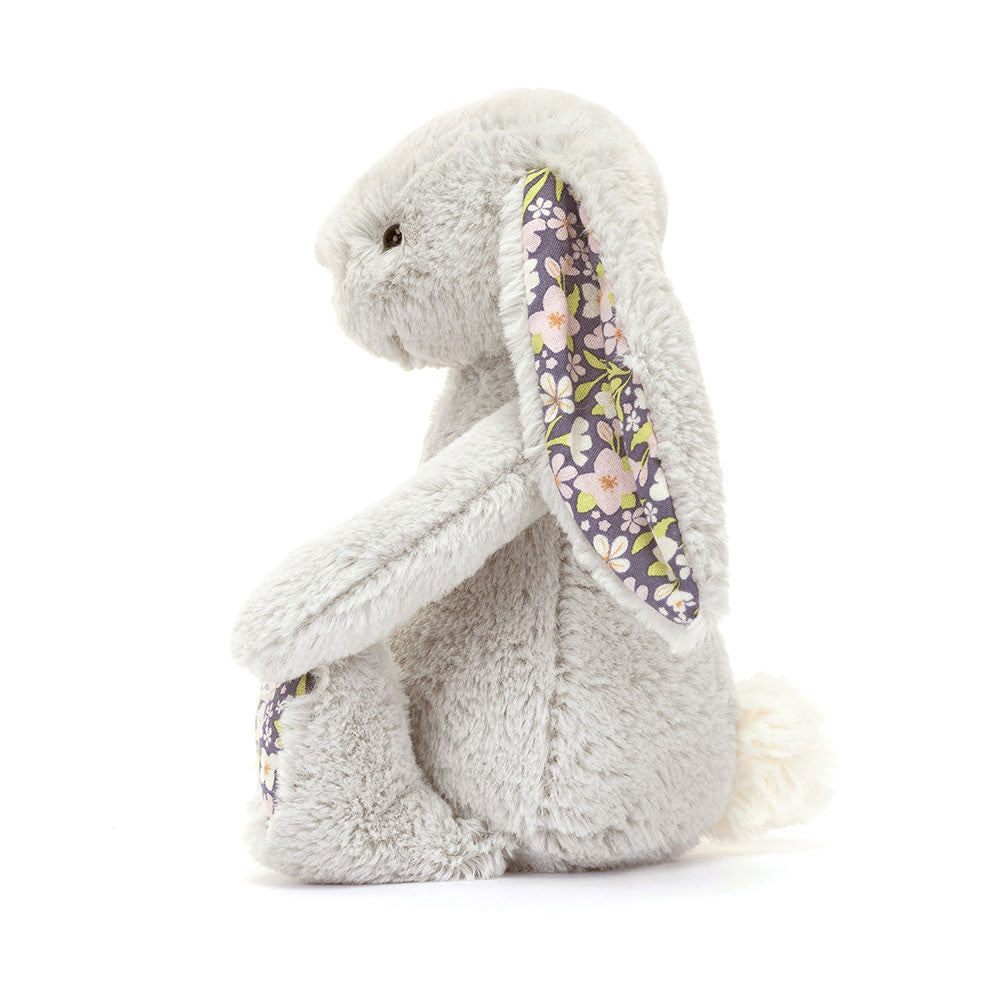 Jellycat Blossom Silver Bunny Bloom, in size small, has flower patterns on inside of ears and paws.