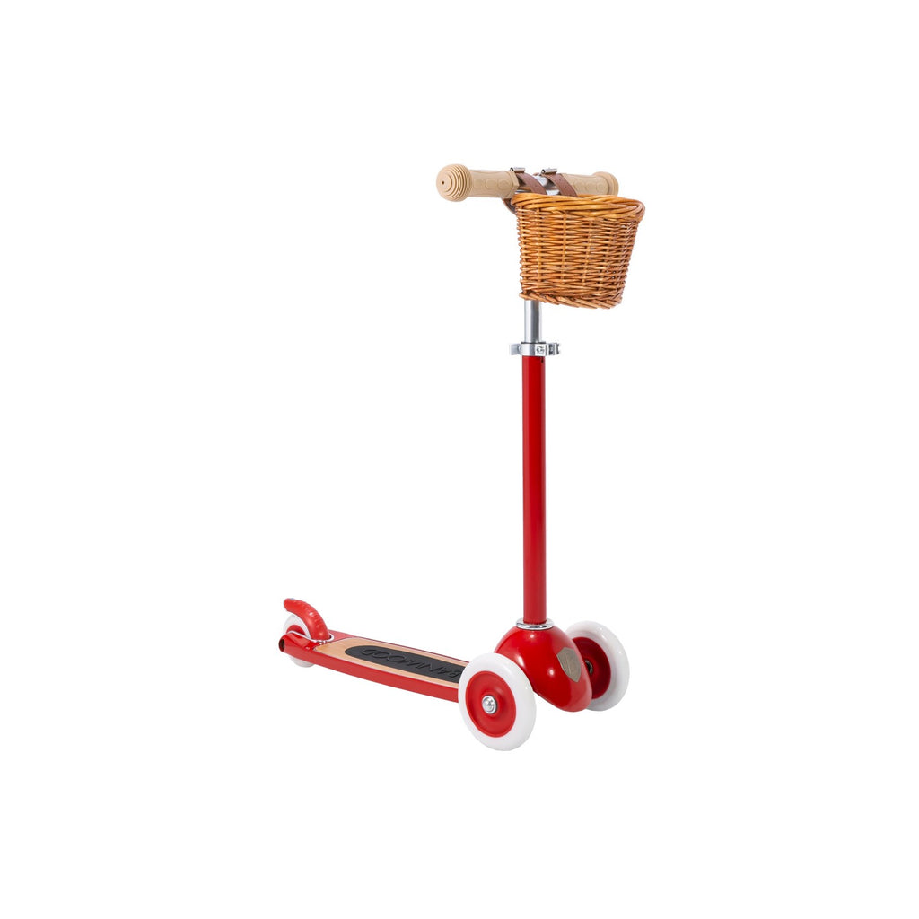 "A vintage-style red Banwood scooter with a dark wooden deck and a front basket."