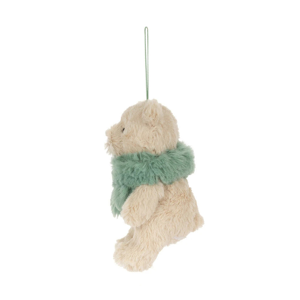 A plush teddy bear ornament in cream-colored fur, wearing a fuzzy mint green scarf and hanging from a matching green ribbon loop, set against a plain white background.