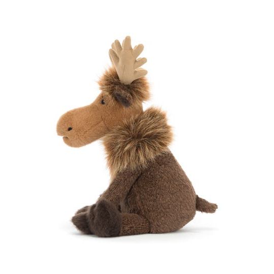 A plush stuffed moose toy with large tan antlers, a light brown snout and face, and dark brown fur, sitting against a plain white background.