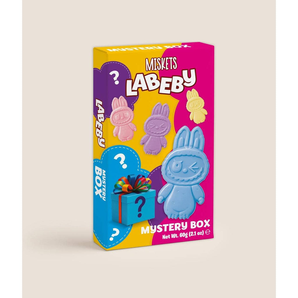 Labebu mystery box packaging with colorful design on a beige background