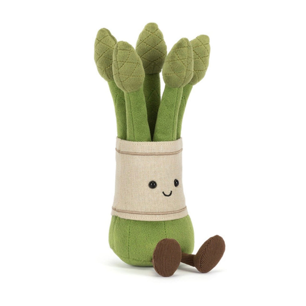 Plush toy resembling a container of green asparagus on a white background
