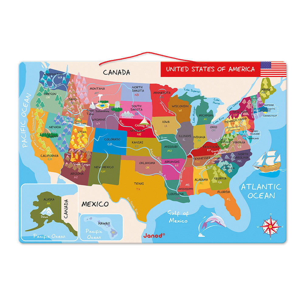 A colorful children's wooden US map puzzle board by Janod, featuring illustrated states, a red banner reading 'United States of America,' an American flag, and a small inset map of Alaska and Mexico on a white background.