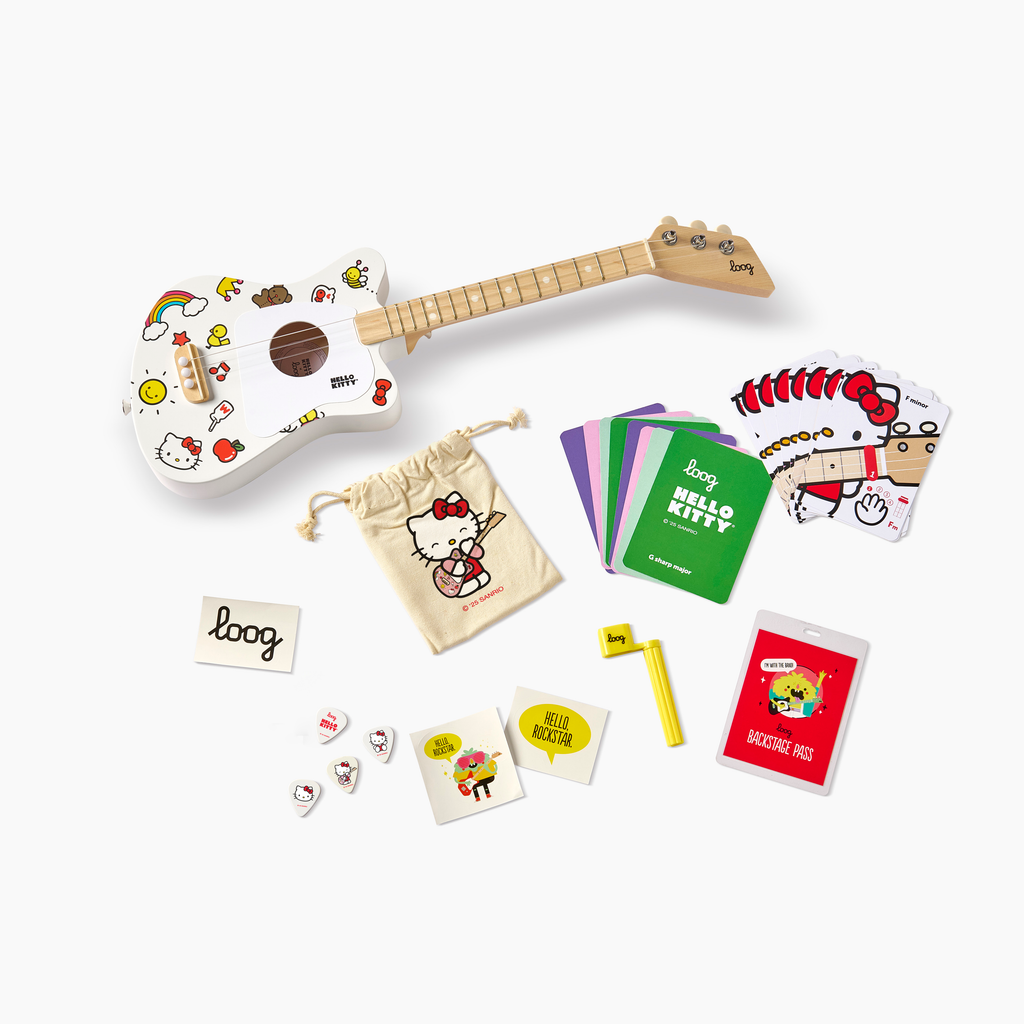 Children's guitar with cartoon designs on a white background