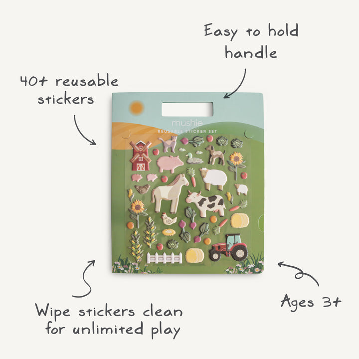 Packaging of a reusable sticker set with farm-themed designs on a green background.