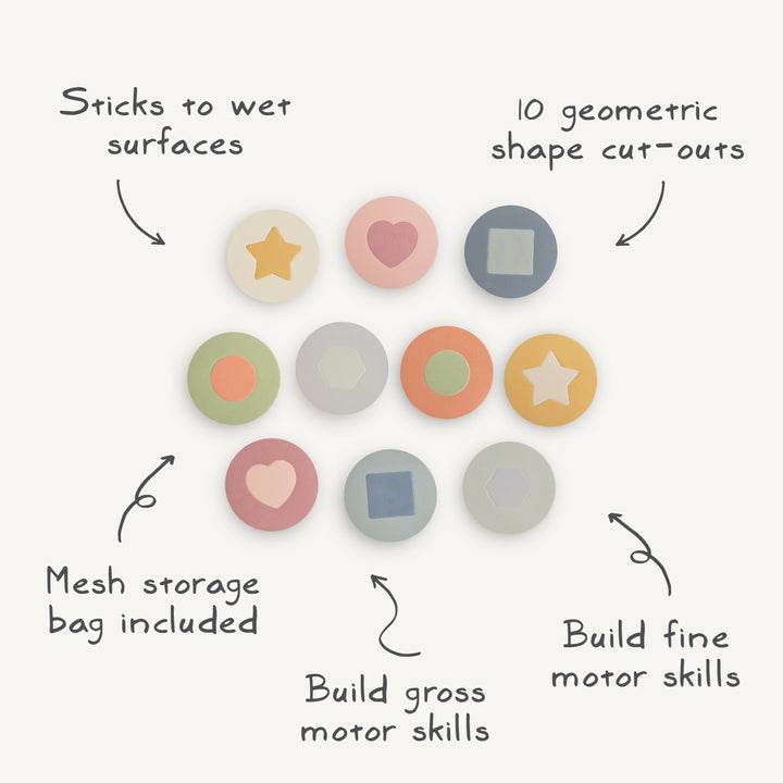 Set of colorful round stickers with different shapes on a white background