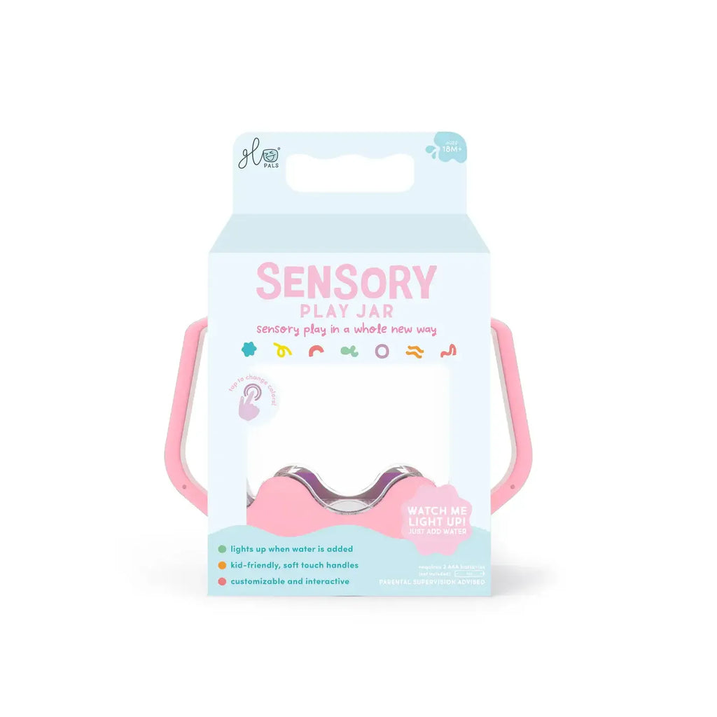 Sensory play jar packaging with pink handle on a white background