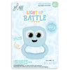 Light-up rattle toy packaging with a blue character on a light blue background