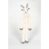 Crochet toy goat with white body and gray legs and head on a white background
