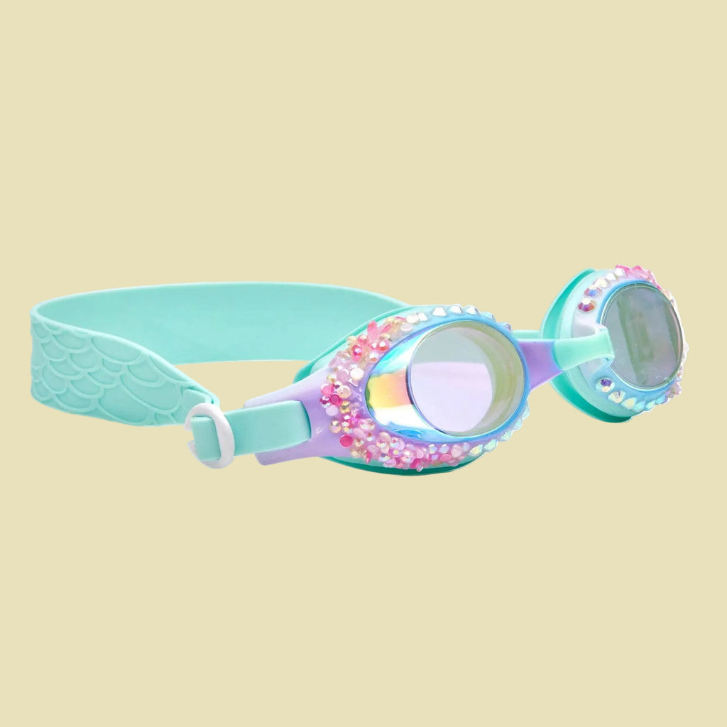 Children's swim goggles with colorful frame and blue lenses 