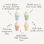 Four ice cream cone-shaped containers in different colors on a white background