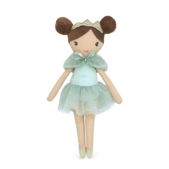 Doll with a light blue dress and green fur collar on a white background