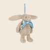Jellycat Bashful Beige Bunny Decoration with blue bow and ribbom