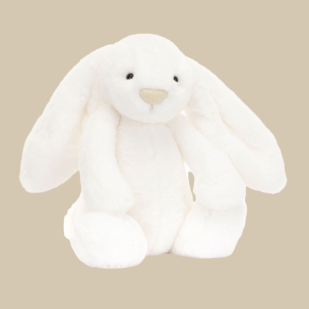 Jellycat Bashful Luxe Bunny Luna with white fur and gold nose