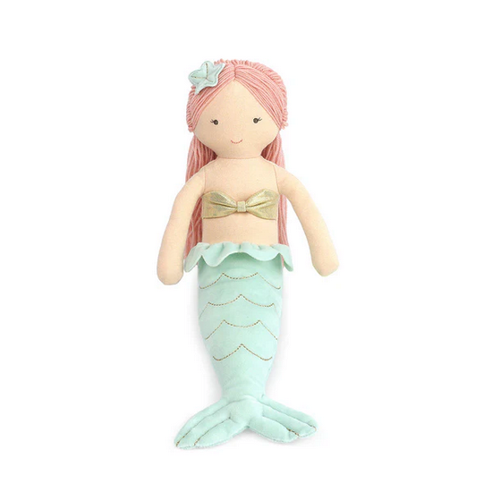 Mermaid plush toy with pink hair and a green tail on a white background