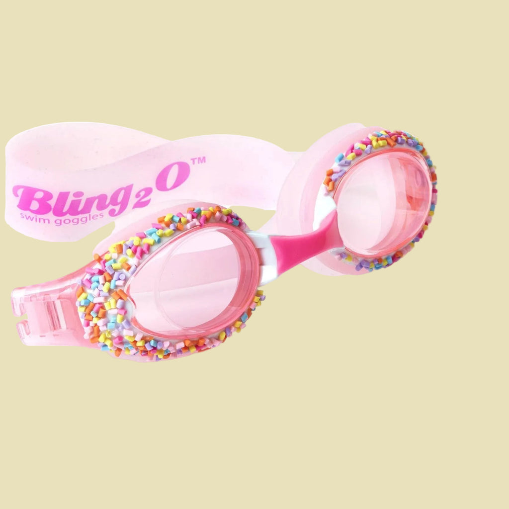 Colorful swim goggles with a multicolored strap 